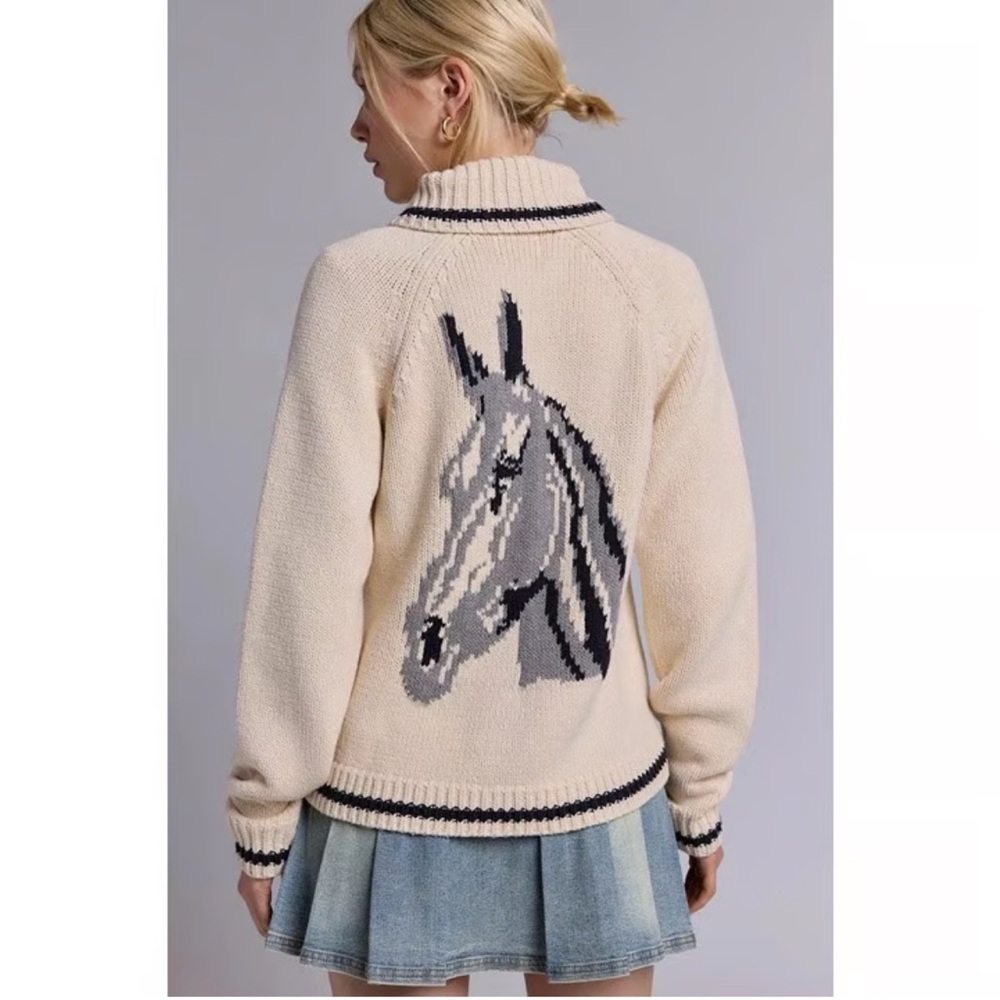 Urban Outfitters BDG Scottie Graphic Knit Cream Horse Graphic Cardigan Size M